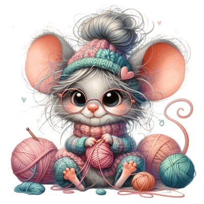 a mouse wearing glasses and a hat is holding yarn