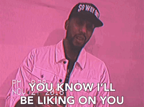 a man wearing a hat that says so way on it is saying you know i 'll be liking on you