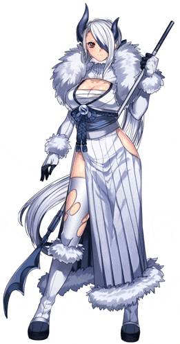 a woman with horns and a fur coat is holding a sword