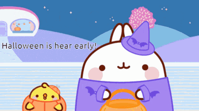 a cartoon of a bunny in a witch costume with the words halloween is hear early below it