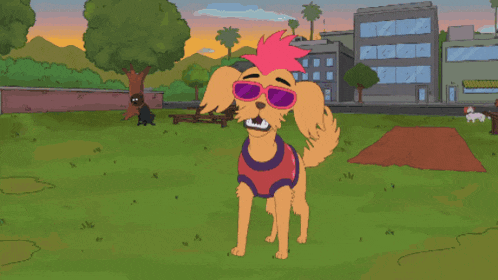 a cartoon dog wearing sunglasses and a pink mohawk stands in a park
