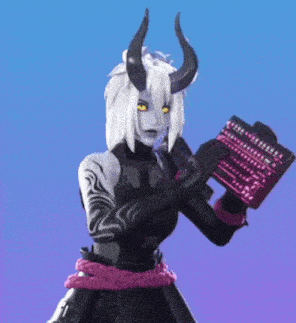 a cartoon character with horns is holding a keyboard .