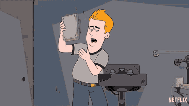 a cartoon of a man standing next to a sink with a netflix logo on the bottom