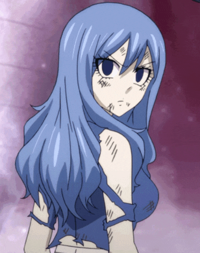 a girl with blue hair and a purple background has a scar on her arm