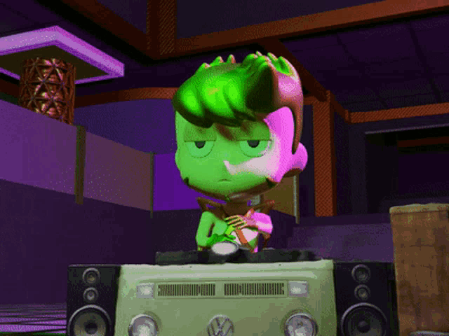 a green cartoon character is sitting in a vw bus