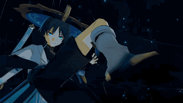 a blue anime character with a sword and a circle in the background