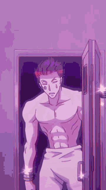 a shirtless anime character is standing in a doorway with his eyes closed .