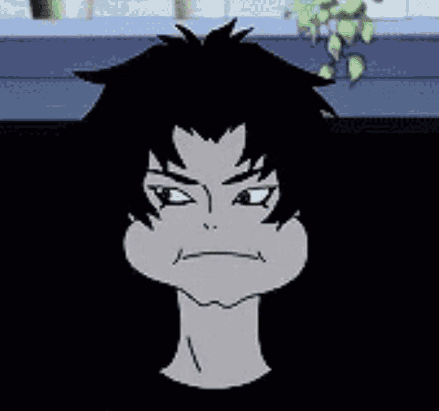 a close up of a cartoon character with his eyes closed and a plant in the background .