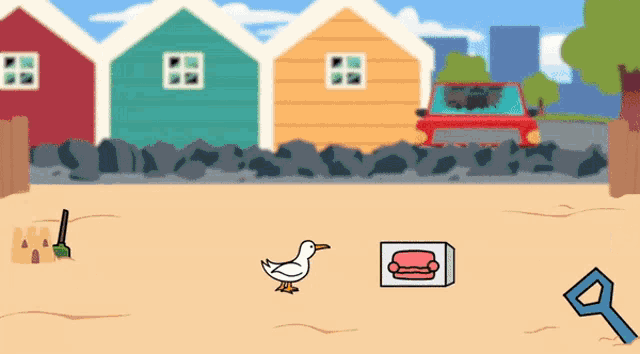 a cartoon drawing of a seagull a couch a shovel and a car