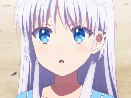 a girl with white hair and blue eyes is looking up