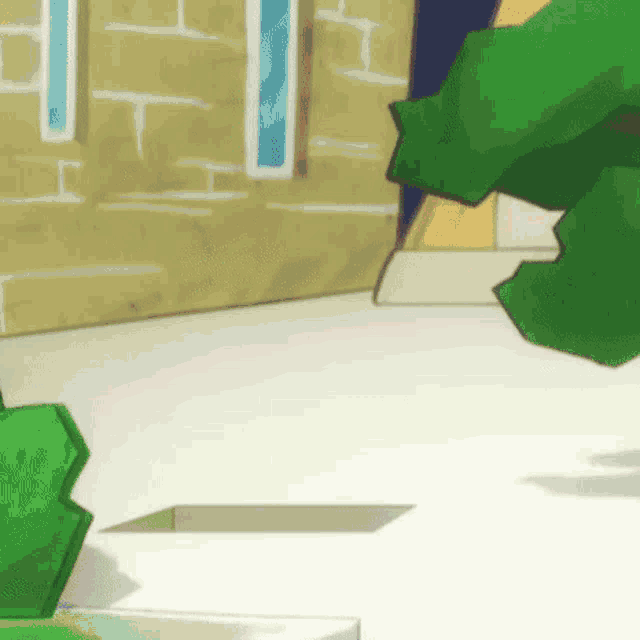 a green cartoon character is standing in front of a brick wall