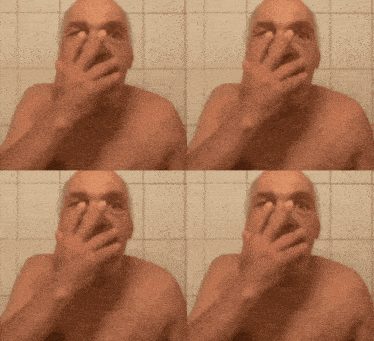 four images of a man covering his face with his hands