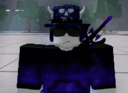 a roblox character wearing a top hat with horns and sunglasses