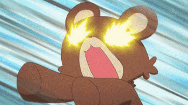 a cartoon teddy bear with glowing eyes is making a funny face .