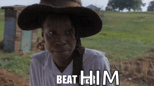an older woman wearing a hat and a white shirt says beat him