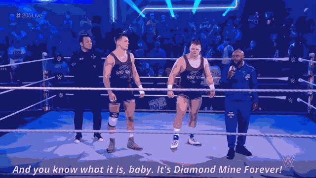 two wrestlers are in a wrestling ring with the words " and you know what it is baby it 's diamond mine forever "