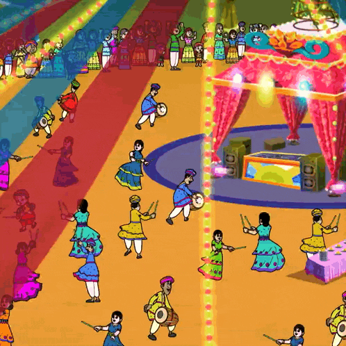 a cartoon of people dancing and playing instruments