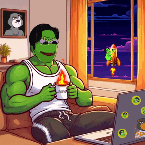 a cartoon drawing of a man sitting on a couch holding a cup that says pepe