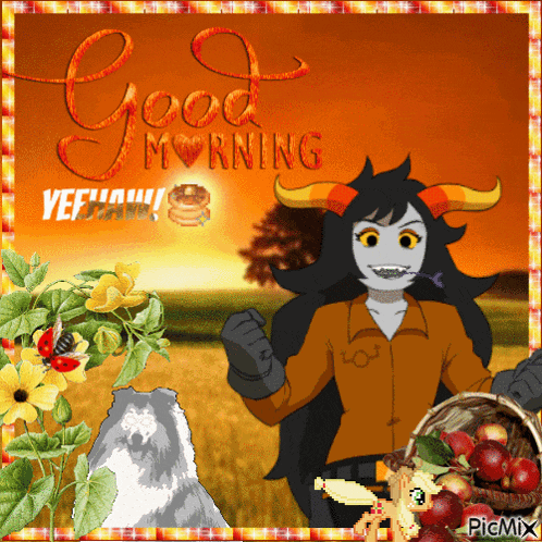 a good morning greeting card with a cartoon character and flowers