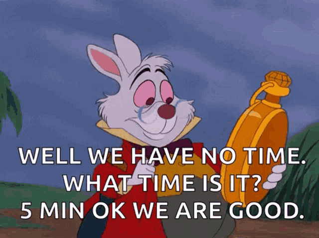 white rabbit from alice in wonderland crying while holding a watch