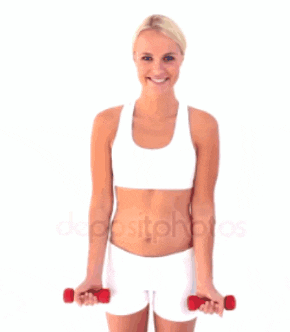 a woman is holding two red dumbbells in her hands and smiling