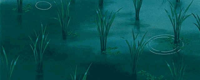 a painting of a swamp with circles of water and plants