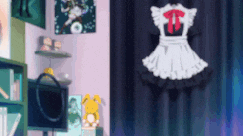 a maid outfit is hanging on a curtain in a room