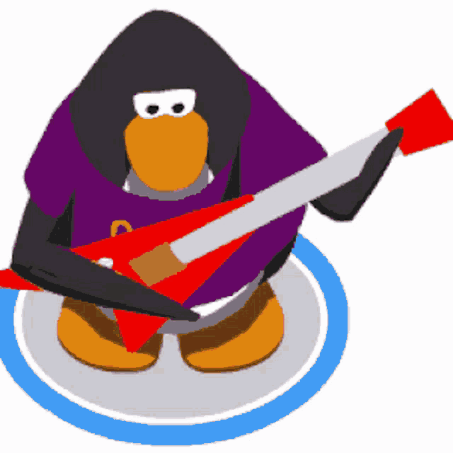 a penguin is holding a red and white guitar
