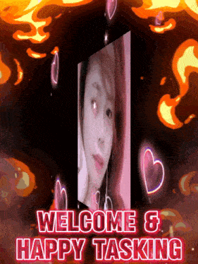 a picture of a woman with the words welcome and happy tasking