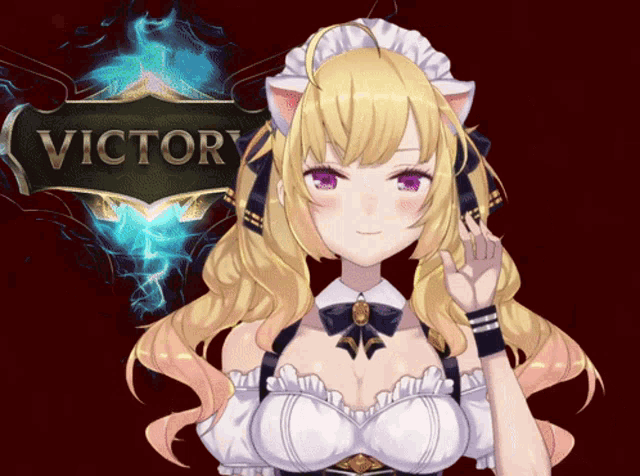 a blonde anime girl with purple eyes is standing in front of a sign that says victory