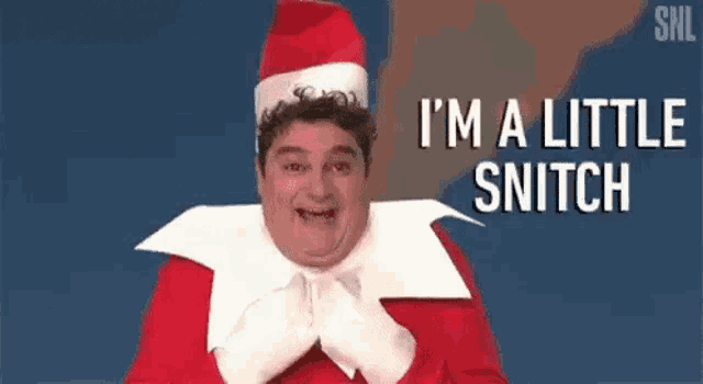 a man dressed as a cat in the hat is saying `` i 'm a little snitch '' .