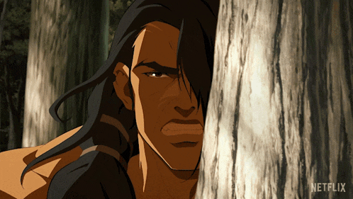 a cartoon of a man peeking out from behind a tree says netflix on the bottom right
