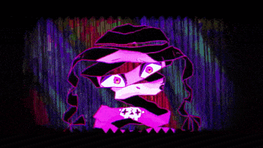 a cartoon character with purple eyes and a black hat on