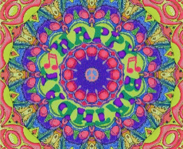 a colorful kaleidoscope with a peace sign and music notes