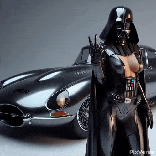 a woman in a darth vader costume stands in front of a silver car