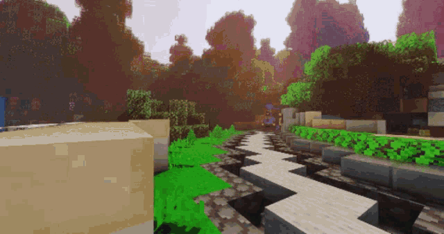a screenshot of a video game with a path going through a forest
