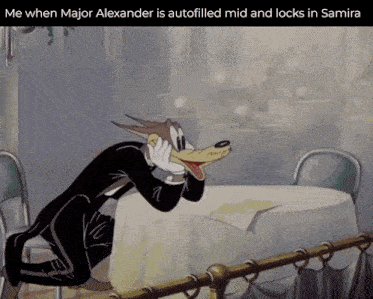 a cartoon of a wolf sitting at a table with the caption me when major alexander is autofilled