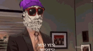 a man with a beard wearing sunglasses and a purple hat is giving a thumbs up .