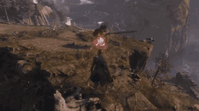 a video game character is standing on a cliff with a sword