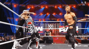 a group of wrestlers are standing in a ring .