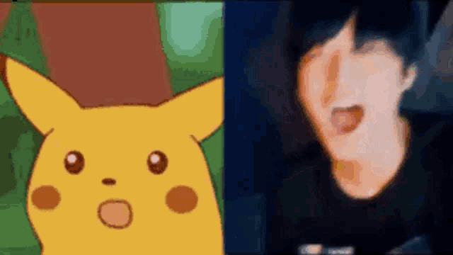 a cartoon of a pikachu and a cartoon of a man with his mouth open .