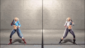 two female video game characters are standing next to each other in a room .