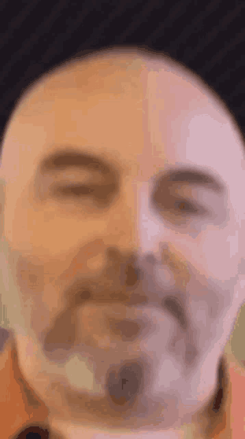 a close up of a bald man with a beard .