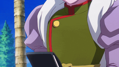 a cartoon character is holding a cell phone in front of a tree