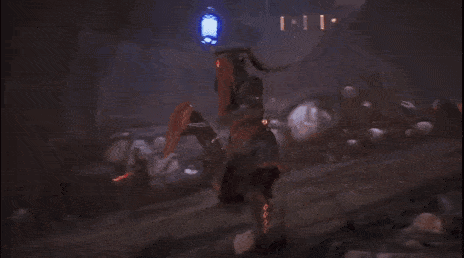 a woman in a video game is holding a red lightning sword