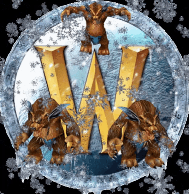 the letter w is surrounded by snowflakes and a monster