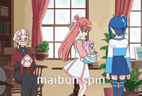 a cartoon of a woman holding a baby and the words maibun spin written on the bottom