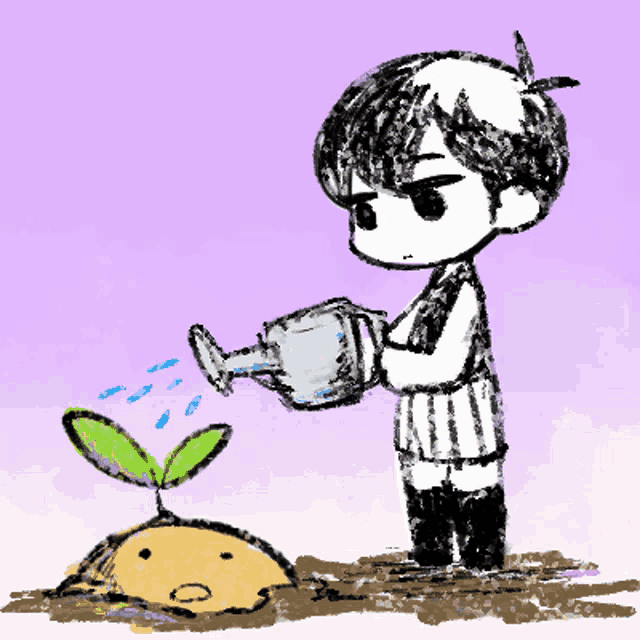 a drawing of a boy watering a small plant