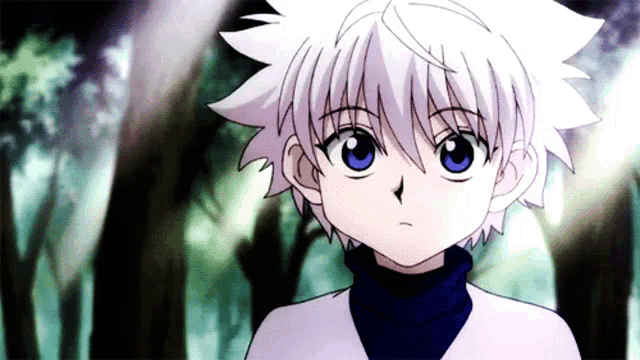 a young boy with white hair and blue eyes is standing in a forest