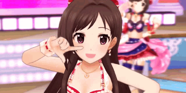 a girl in a bikini is making a thumbs up sign .